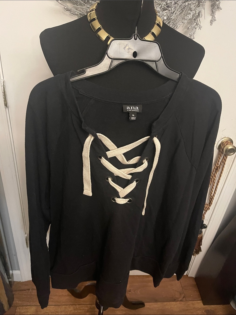 a.n.a Black Lace-Up Pullover Hoodie with Cream Drawcords